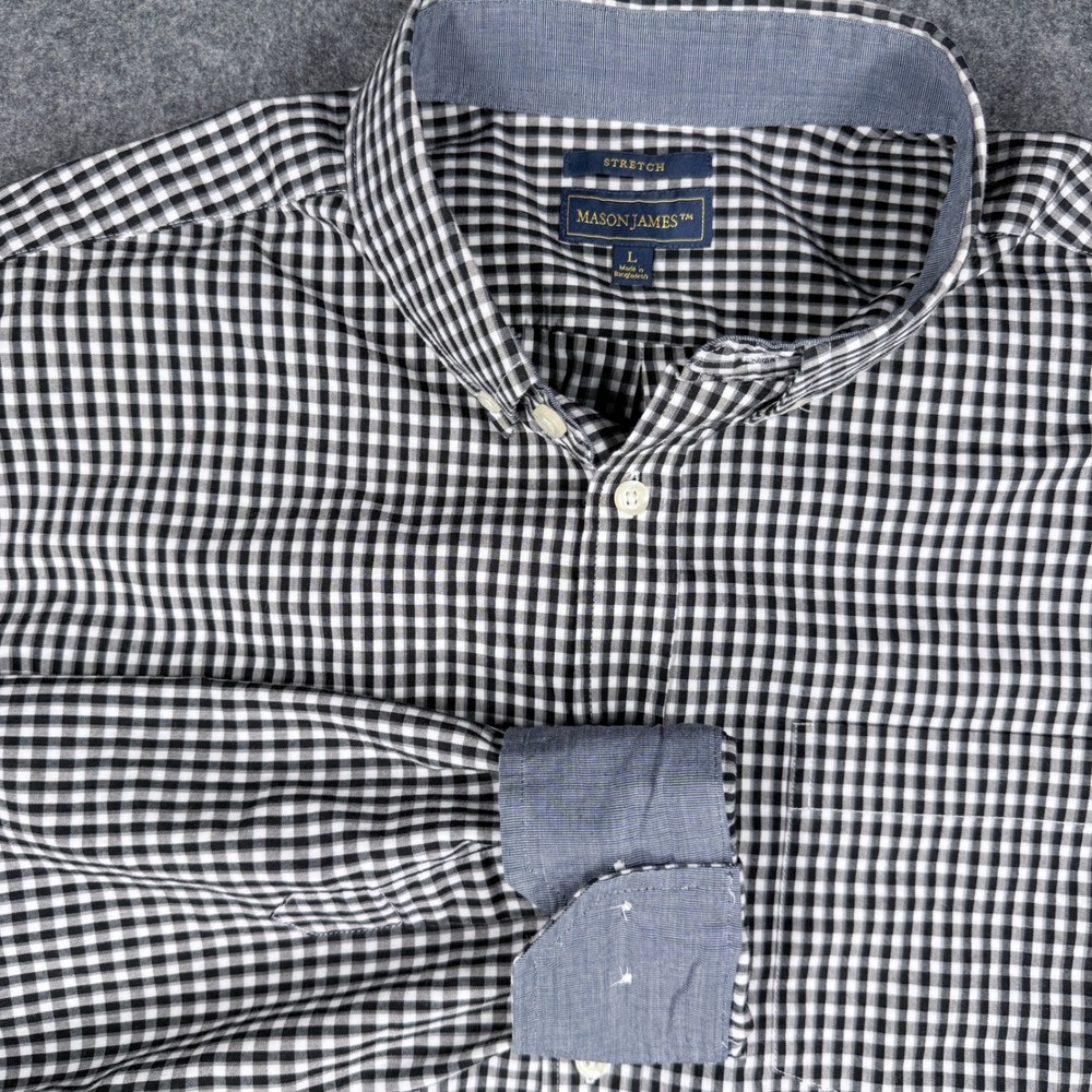 Mason James Mens Stretch Gingham Button Down Shirt Black White Large L 3091